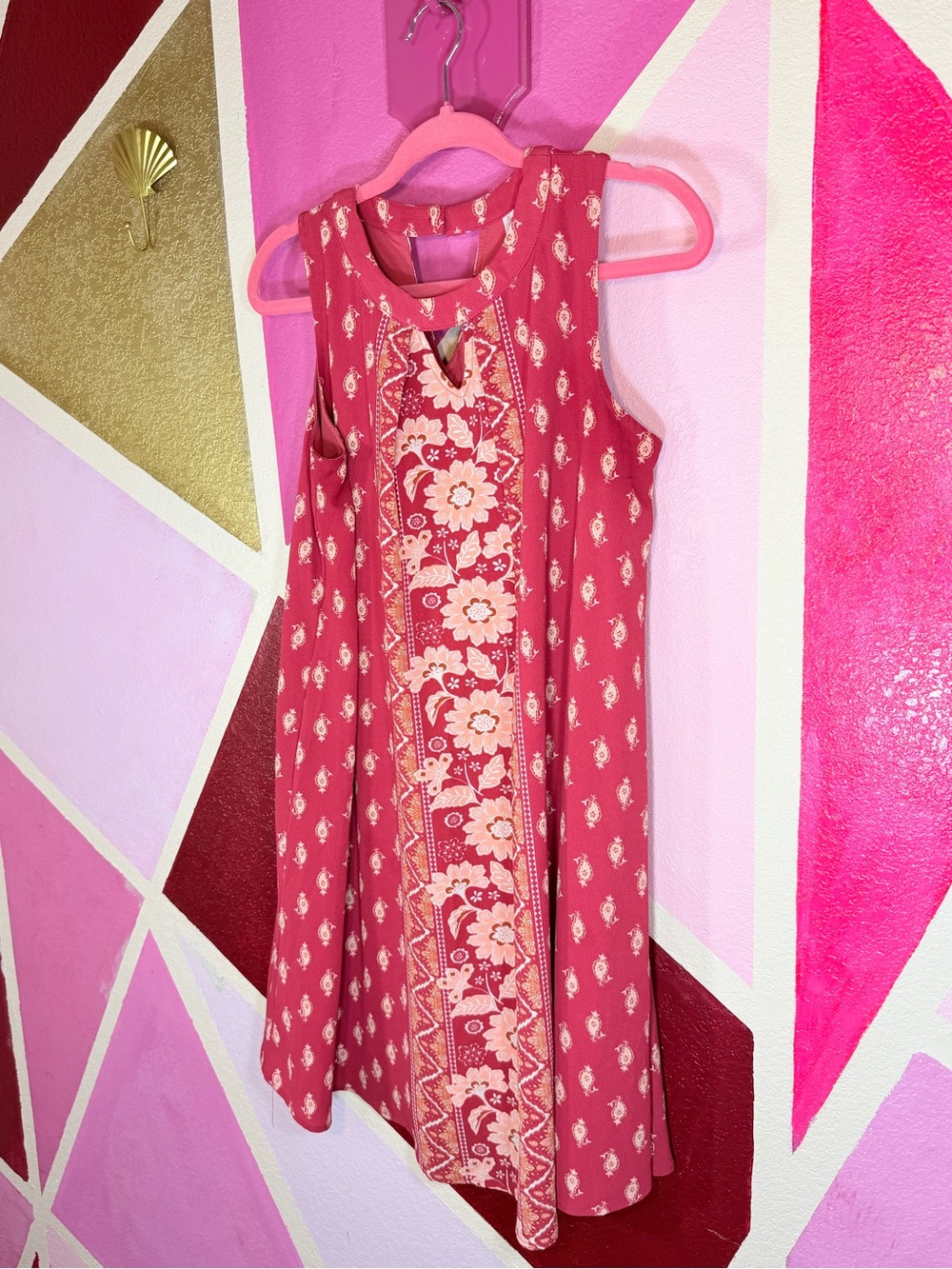 Xhilaration Rust Red Paisley Floral Keyhole Sleeveless Swing Dress M